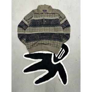 Vintage Gordie Howe Mens Knit Polo Sweater Olive Green Paisley Argyle L/XL